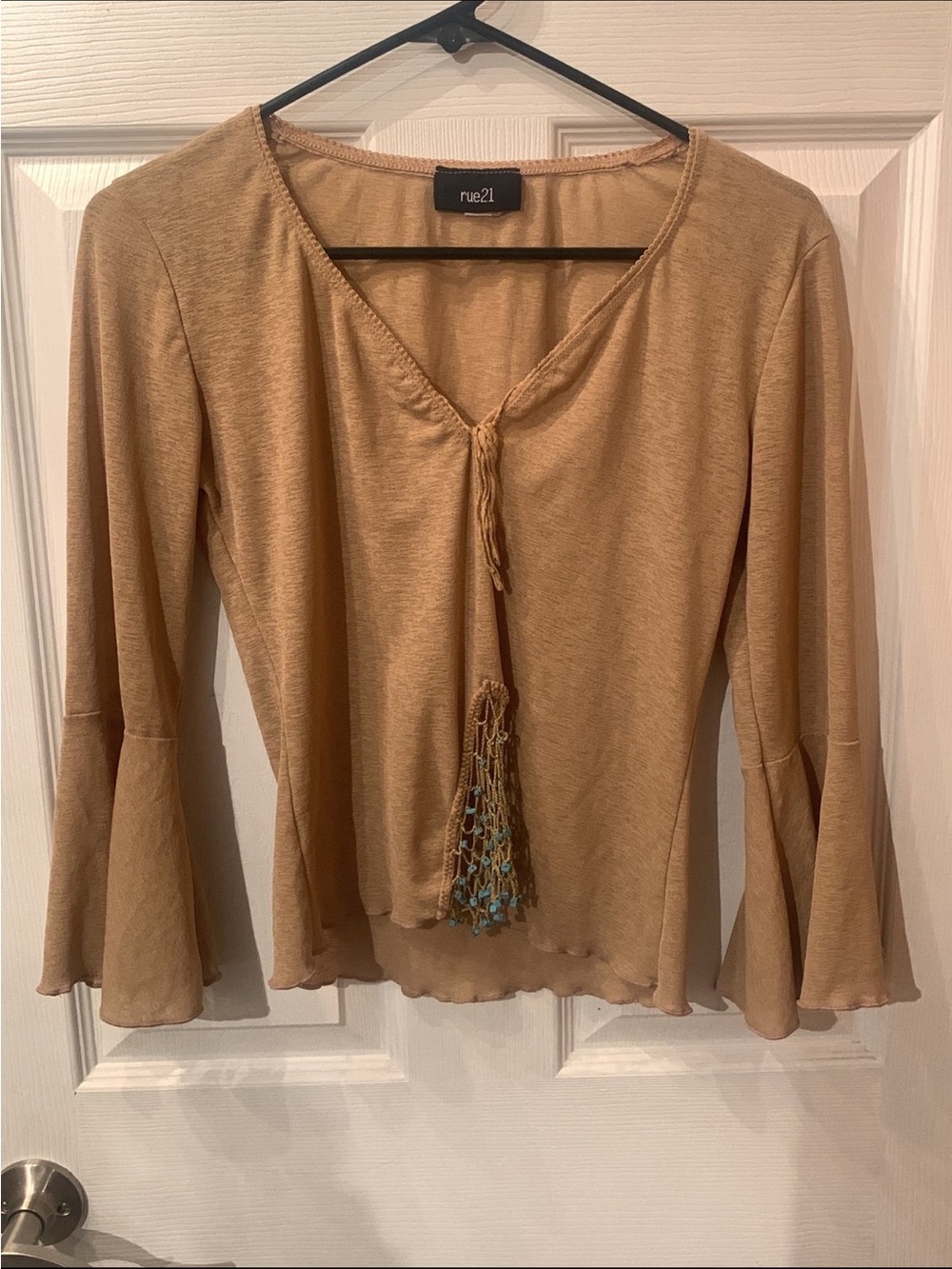 Rue21 Tan Tie-Front Bell Sleeve Blouse with Tassels